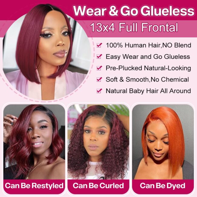 13x4 HD Lace Front Short Straight Bob Wigs – Human Hair, Pre Plucked, Glueless, Side Part, 180% Density - Image 6