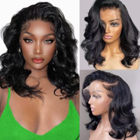 13x6 Body Wave HD Lace Front Wigs – Human Hair, 200% Density, Glueless Short Bob Wigs for Women, Natural Black