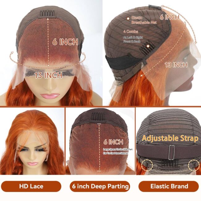 13x6 Body Wave HD Lace Frontal Wigs Human Hair – Ginger Orange Wig, 200 Density, Pre Plucked - Image 5