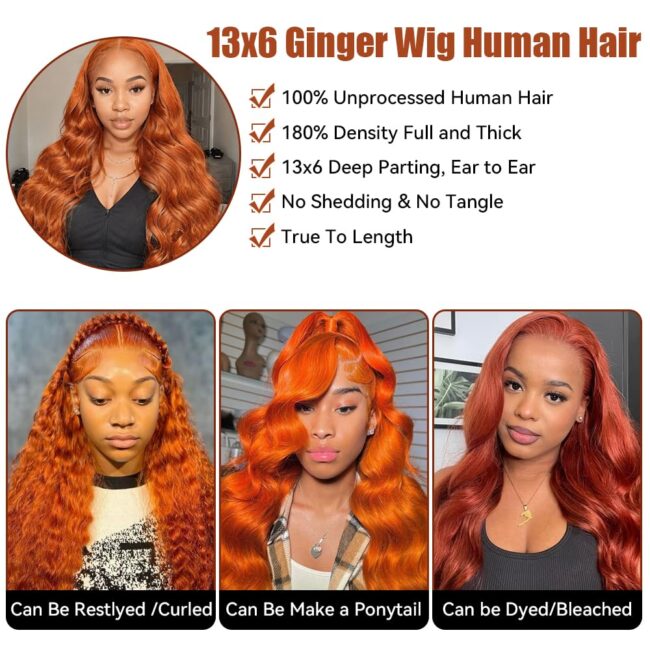 13x6 Body Wave HD Lace Frontal Wigs Human Hair – Ginger Orange Wig, 200 Density, Pre Plucked - Image 6