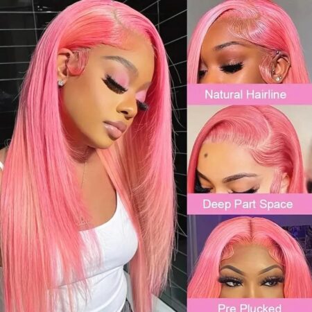 13x6 Pink Pre Plucked Straight Colored Lace Frontal Glueless Wig – 180% Density, Front Wigs with Baby Hair