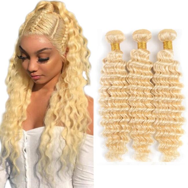 6X13 Deep Wave Bundles – Honey Blonde Human Hair, 3 Bundles Brazilian, 100% Unprocessed Virgin Extensions, Double Weft Bundle
