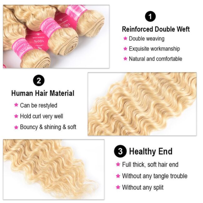 Golden Waves. Seamless Finish – 4x4 Blonde Lace Closure with 3 Bundles Wet & Wavy Deep Wave Human Hair Extensions - Image 3