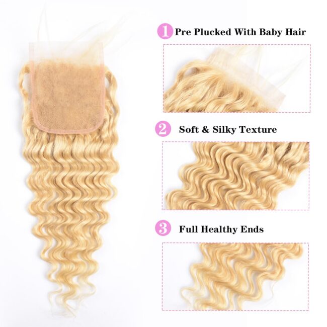 Golden Waves. Seamless Finish – 4x4 Blonde Lace Closure with 3 Bundles Wet & Wavy Deep Wave Human Hair Extensions - Image 4