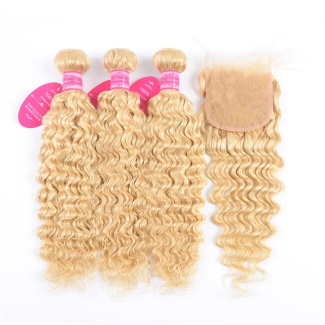Golden Waves. Seamless Finish – 4x4 Blonde Lace Closure with 3 Bundles Wet & Wavy Deep Wave Human Hair Extensions - Image 5
