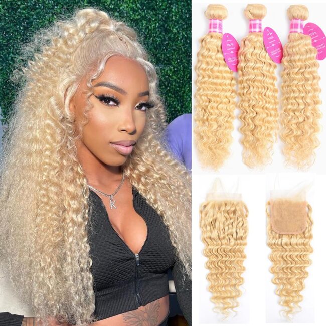 Golden Waves. Seamless Finish – 4x4 Blonde Lace Closure with 3 Bundles Wet & Wavy Deep Wave Human Hair Extensions