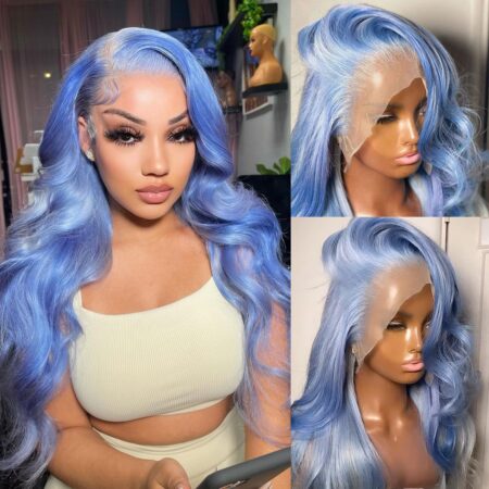 13x4 Virgin Brazilian Hair Lake Blue Body Wave Lace Front Wig – 200% Density Colored Human Hair Wigs For Women
