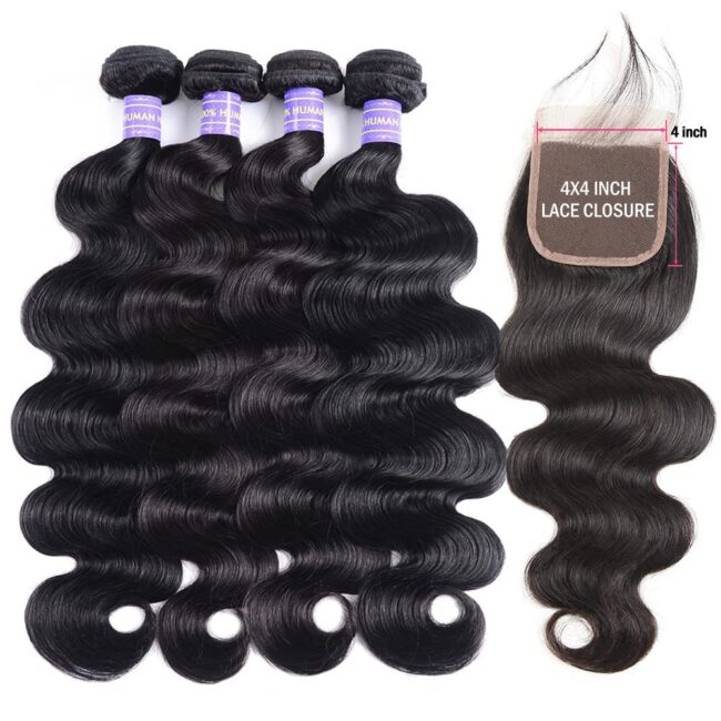 100% Brazilian Human Hair Body Wave Bundles with Lace Closure – Virgin Hair, 3 Bundles with Closure, Body Wave Weaves, Natural Color - Image 3