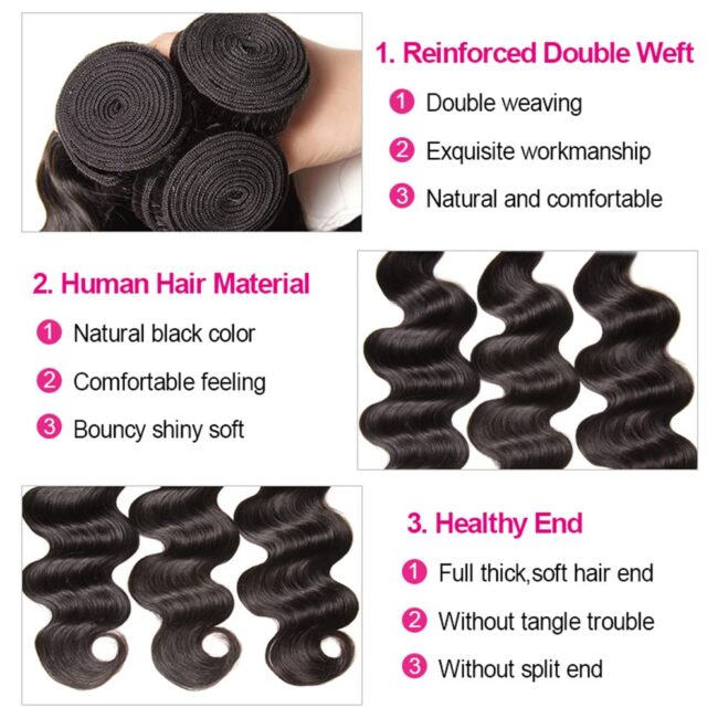 100% Brazilian Human Hair Body Wave Bundles with Lace Closure – Virgin Hair, 3 Bundles with Closure, Body Wave Weaves, Natural Color - Image 4