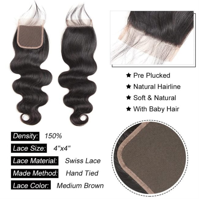 100% Brazilian Human Hair Body Wave Bundles with Lace Closure – Virgin Hair, 3 Bundles with Closure, Body Wave Weaves, Natural Color - Image 7