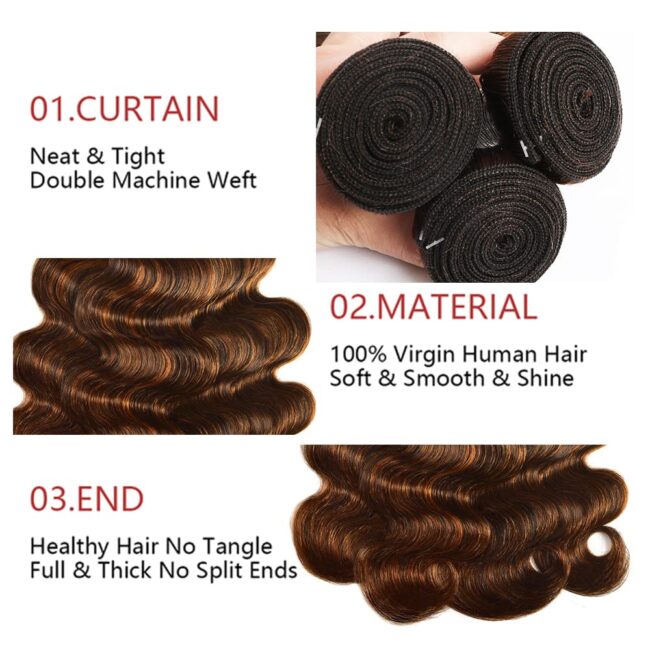 Highlight Body Wave Bundle – Brown Human Hair, Brazilian 100% Unprocessed Virgin Extensions, Double Weft Piano Color - Image 2